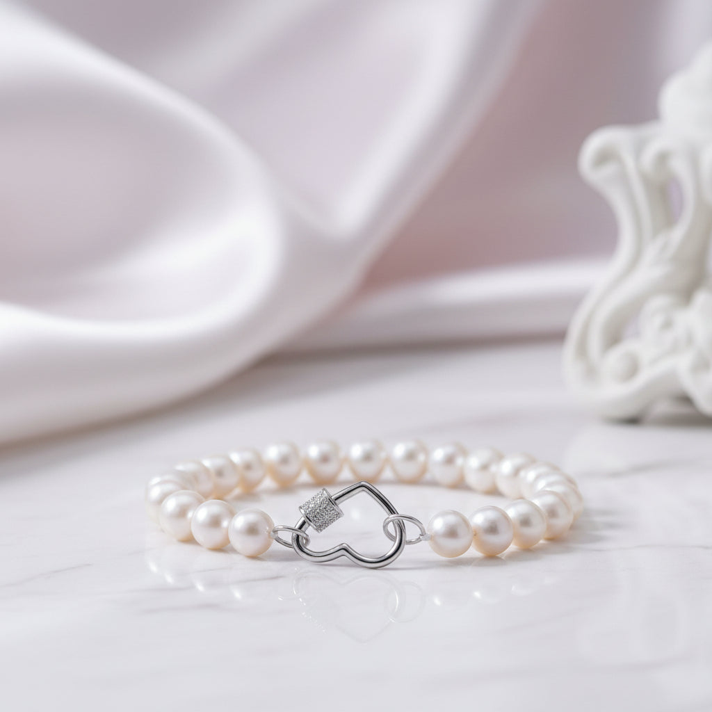 Freshwater Pearl Heart Shape Buckle Bracelet-Black Diamonds New York