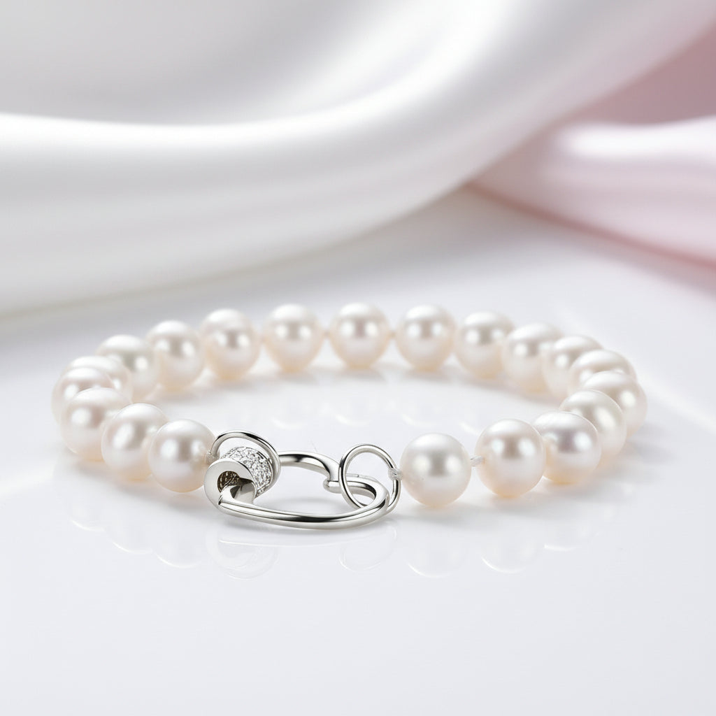 Freshwater Pearl Heart Shape Buckle Bracelet-Black Diamonds New York