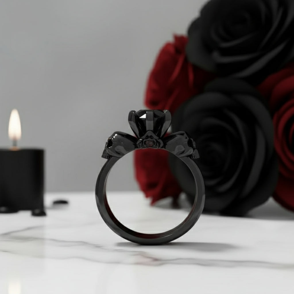 From This Day Forward Wedding Rings - Round Cut Diamond Skull Gothic Wedding Rings in 14k White Gold-Black Diamonds New York