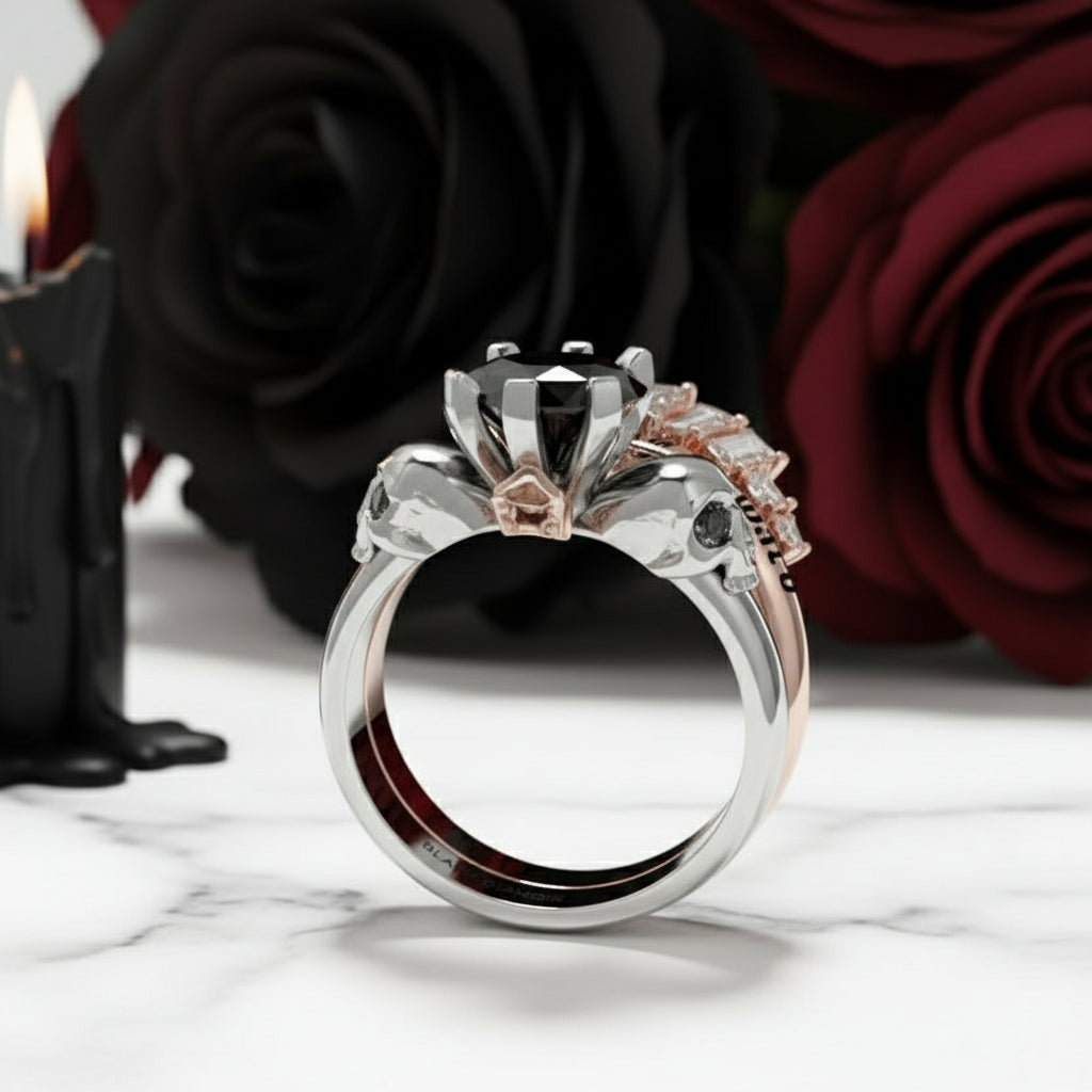 From This Day Forward Wedding Rings - Round Cut Diamond Skull Gothic Wedding Rings in 14k White Gold-Black Diamonds New York