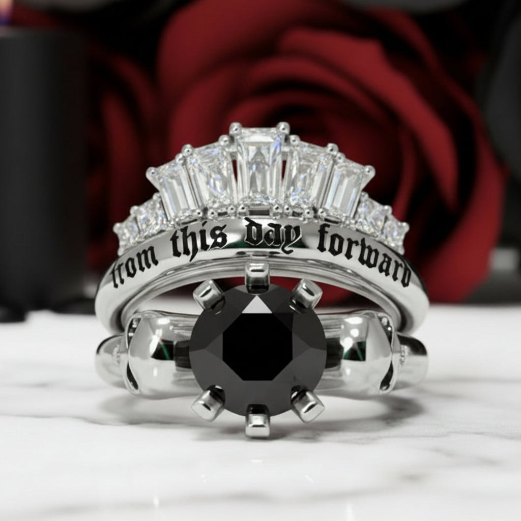 From This Day Forward Wedding Rings - Round Cut Diamond Option Skull Gothic Wedding Rings in 14k White Gold-Black Diamonds New York