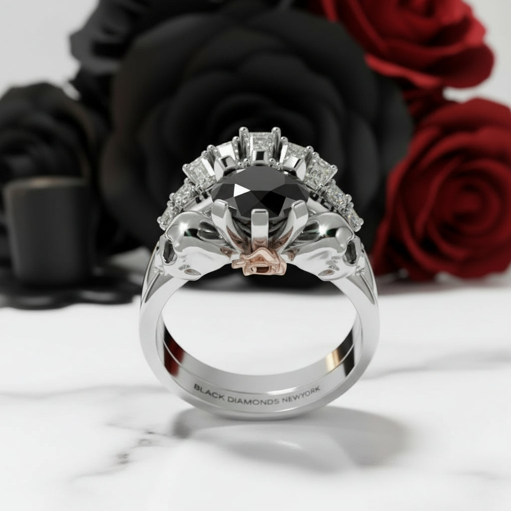 From This Day Forward Wedding Rings - Round Cut Diamond Skull Gothic Wedding Rings in 14k White Gold-Black Diamonds New York