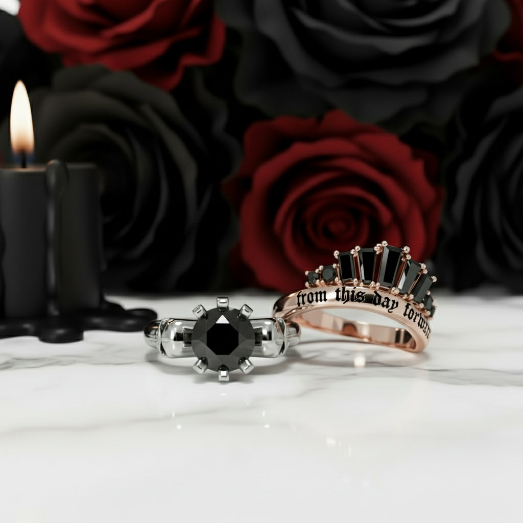 From This Day Forward Wedding Rings - Round Cut Diamond Skull Gothic Wedding Rings in 14k White Gold-Black Diamonds New York