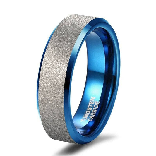 Frosted Blue & Silver Tungsten Carbide Wedding Band-Black Diamonds New York