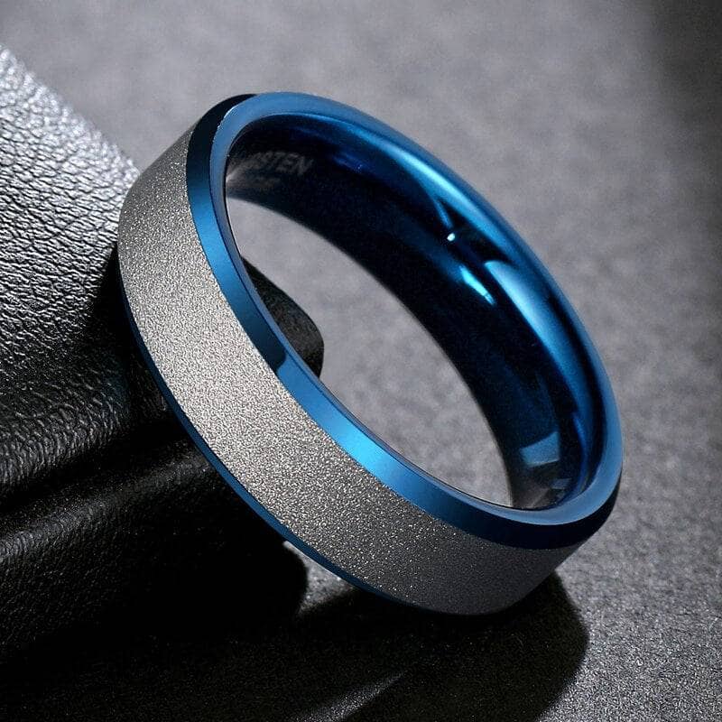 Frosted Blue & Silver Tungsten Carbide Wedding Band-Black Diamonds New York