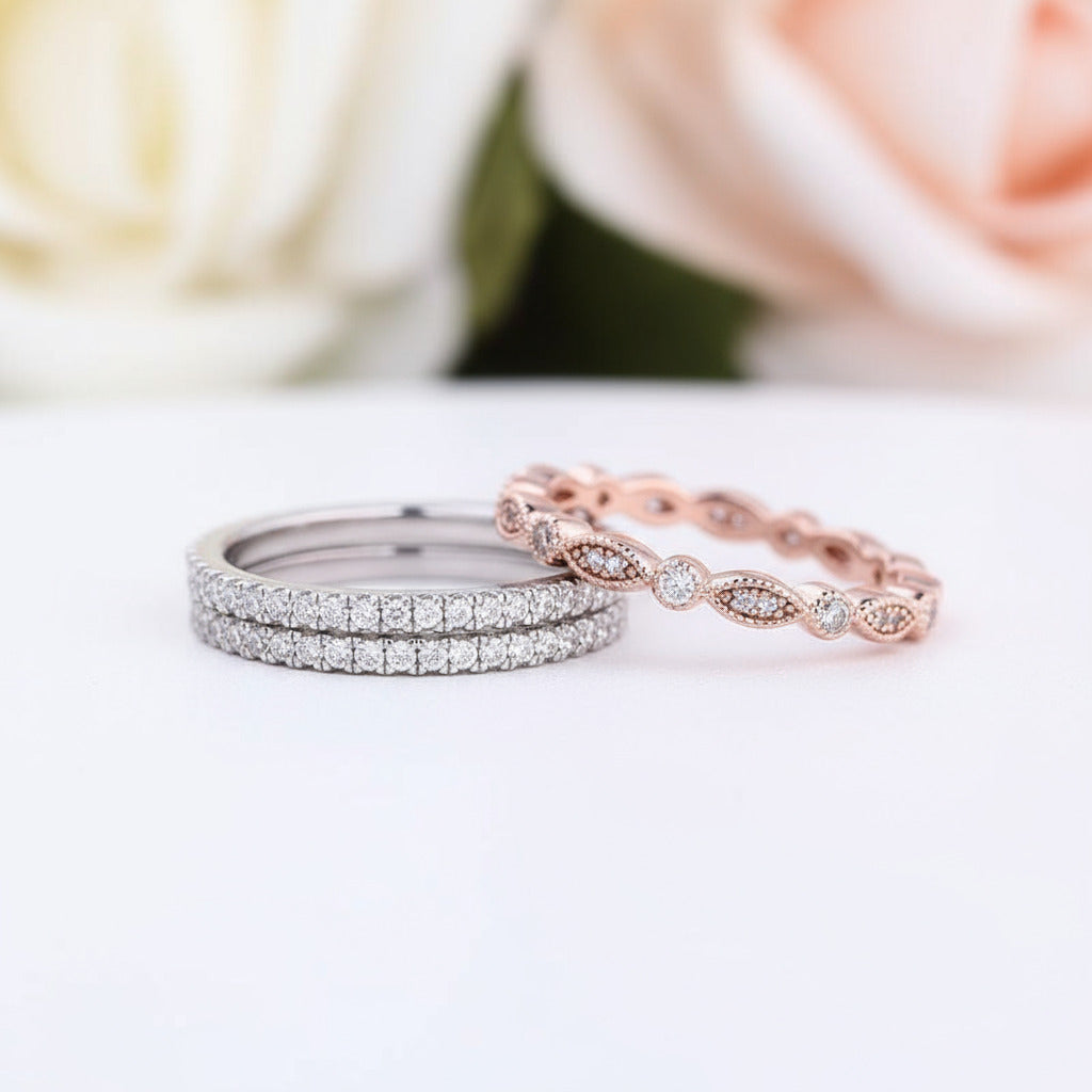 Full Eternity 3PC Stacking Wedding Band Set In Rose Gold-Black Diamonds New York