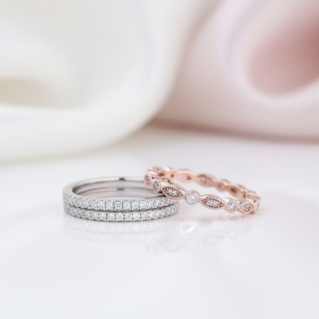 Full Eternity 3PC Stacking Wedding Band Set In Rose Gold-Black Diamonds New York