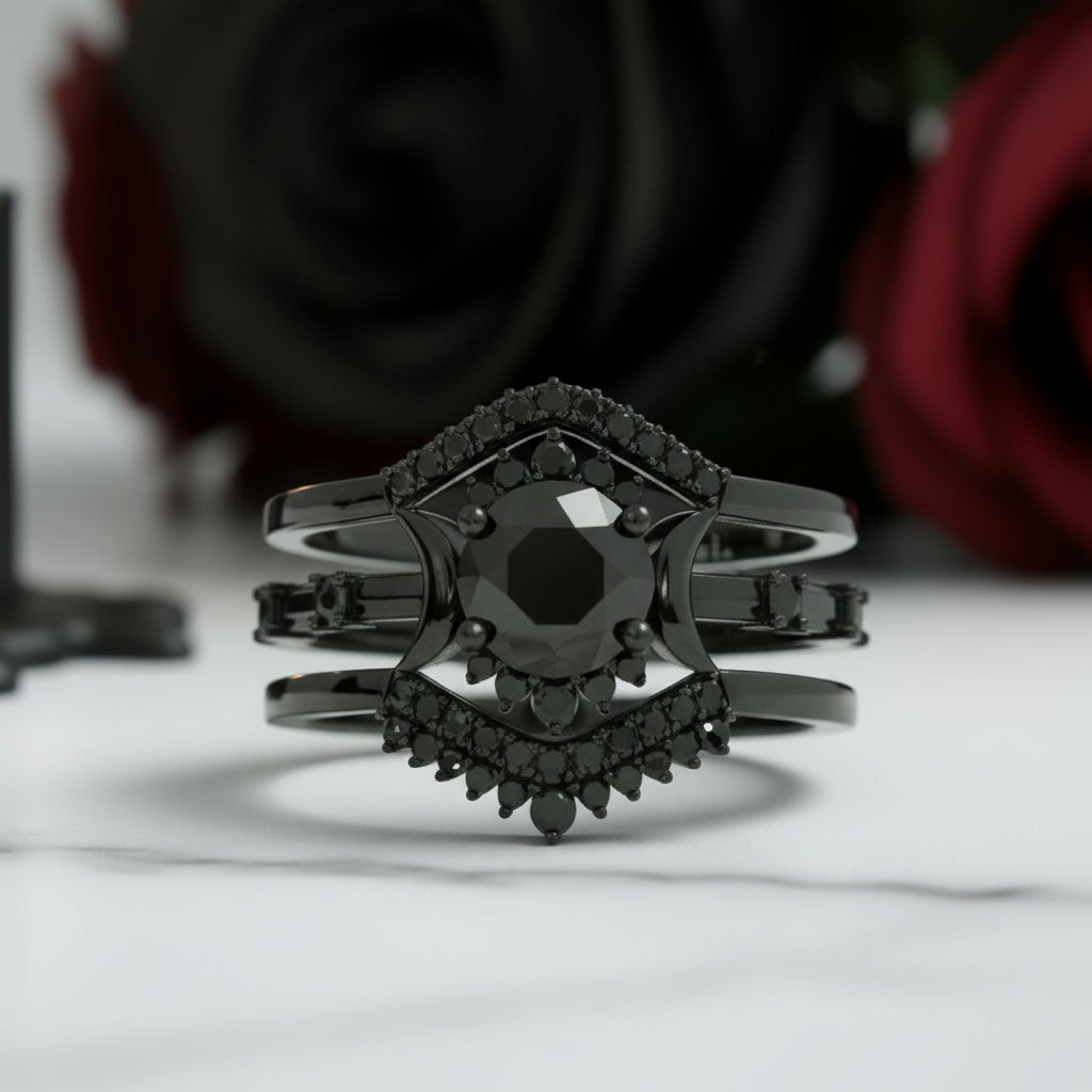 Full Moon- Radiant Celestial Moon Round Created Diamond Gothic Engagement Ring-Black Diamonds New York