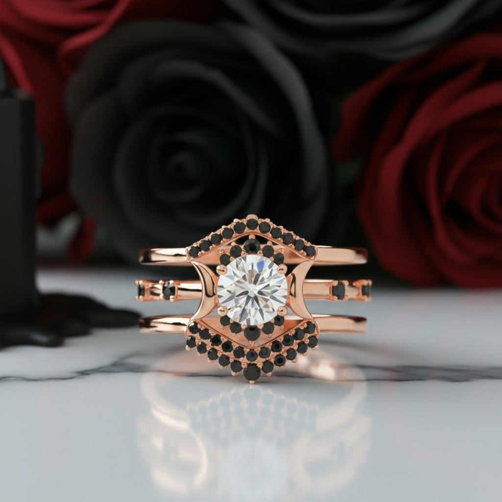 Full Moon- Radiant Celestial Moon Round Created Diamond Gothic Engagement Ring-Black Diamonds New York