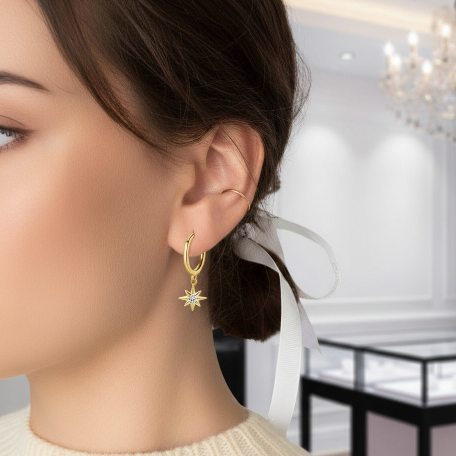 Geometric Star Diamond Hoop Earrings-Black Diamonds New York