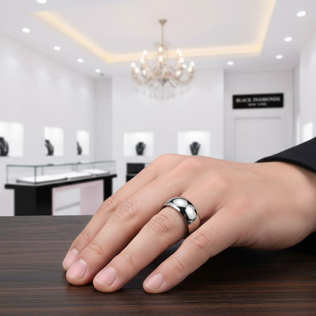 Glossy Dome Men's Titanium Wedding Band-Black Diamonds New York