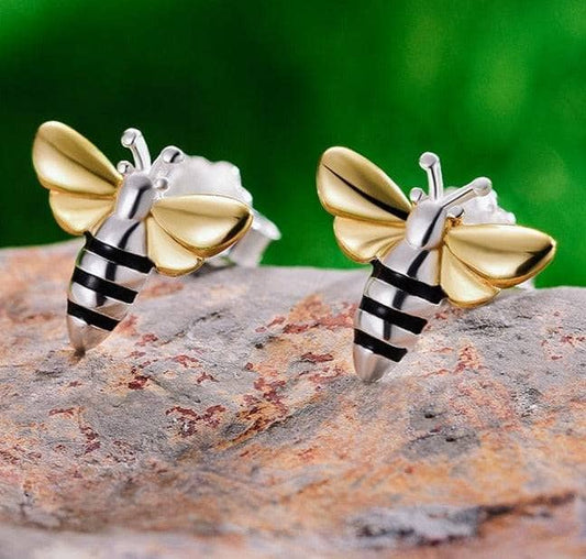Gold Honey Bee Stud Earrings-Black Diamonds New York