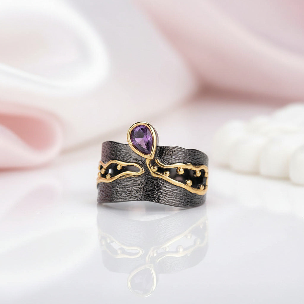 Golden Bead Honey Raindrop Amethyst Ring-Black Diamonds New York