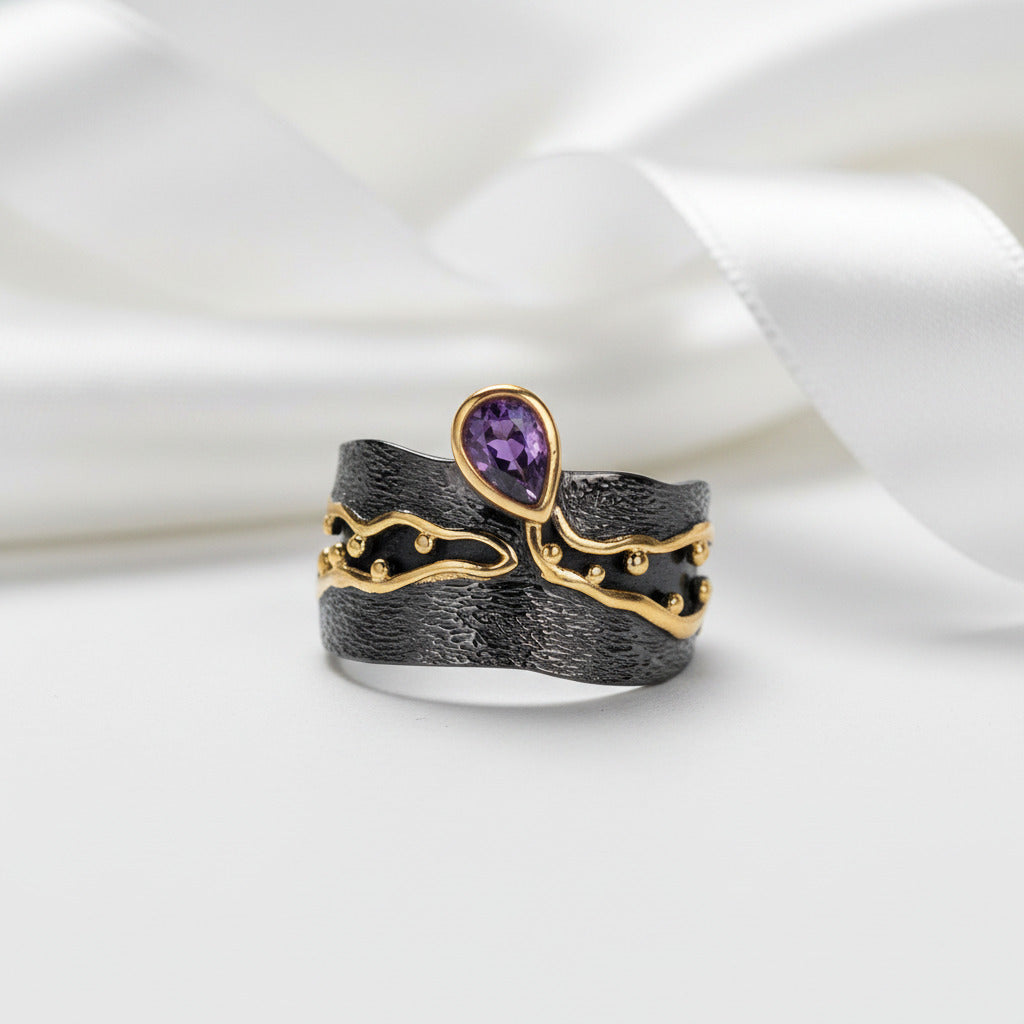 Golden Bead Honey Raindrop Amethyst Ring-Black Diamonds New York