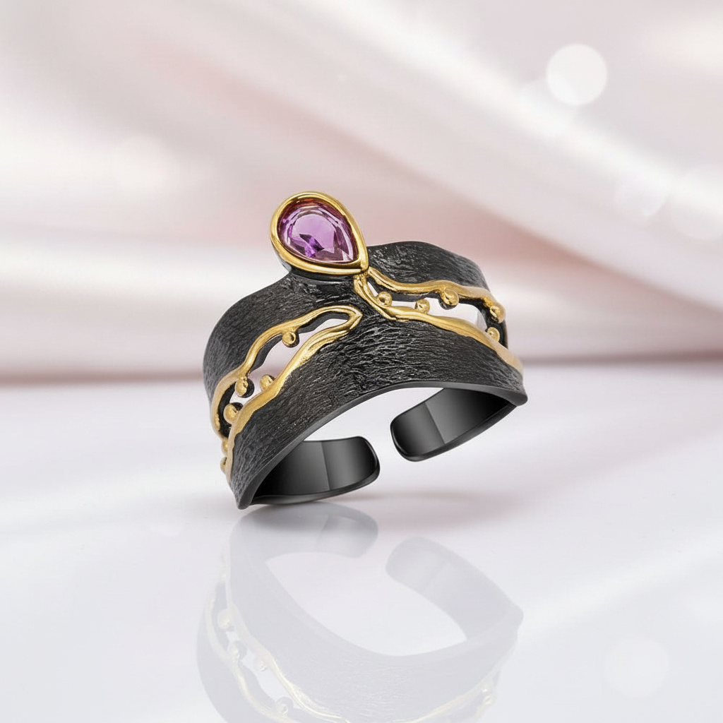 Golden Bead Honey Raindrop Amethyst Ring-Black Diamonds New York