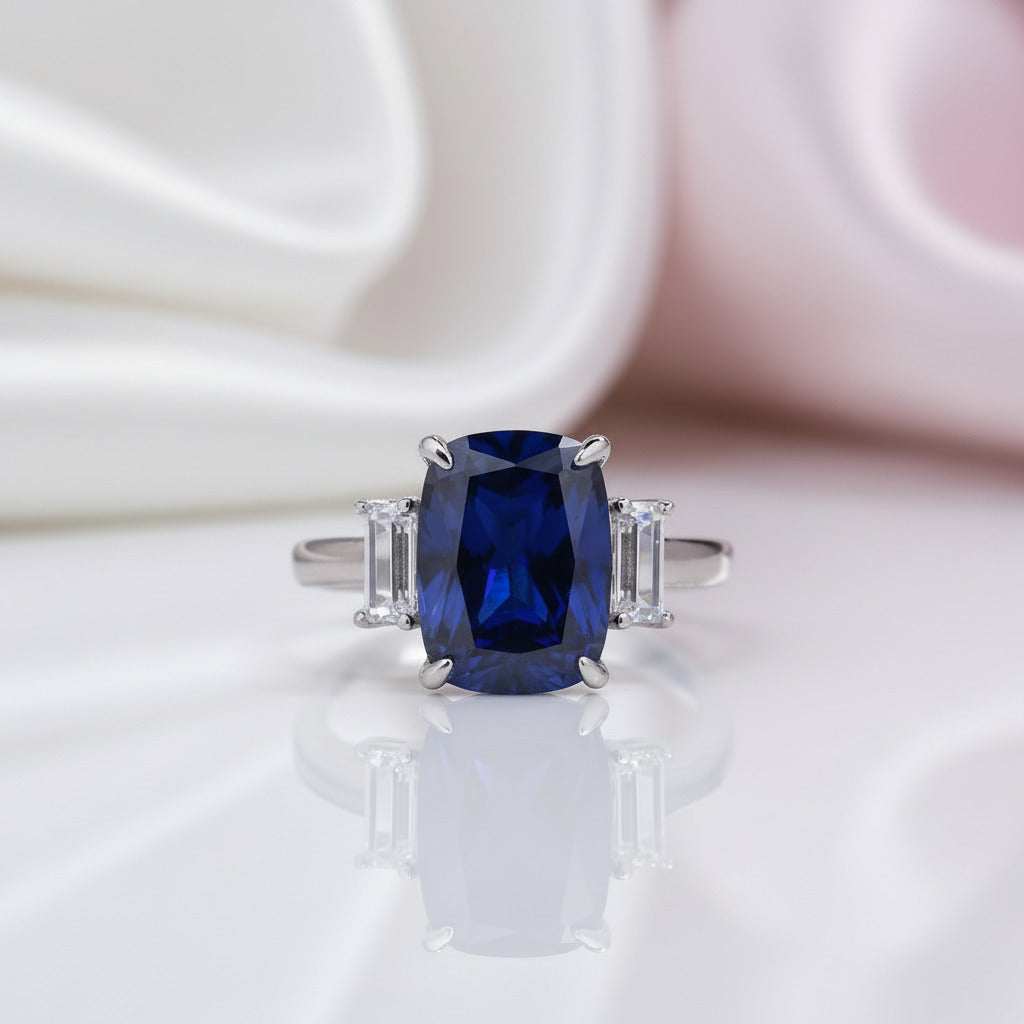 Gorgeous Blue Sapphire Cushion Cut Three Stone Engagement Ring-Black Diamonds New York