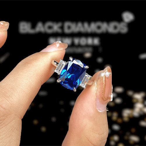 Gorgeous Blue Sapphire Cushion Cut Three Stone Engagement Ring-Black Diamonds New York