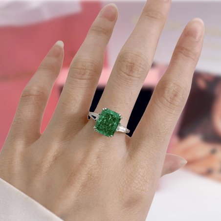 Gorgeous Emerald Green Radiant Cut Three Stone Engagement Ring - Black Diamonds New York