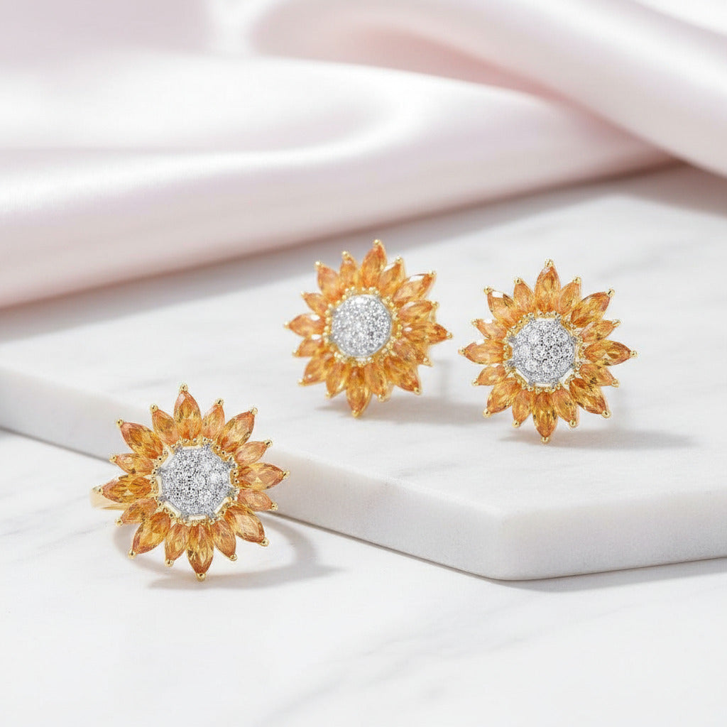 Gorgeous Round & Marquise Cut Diamond Option Sun Flower Jewelry Set-Black Diamonds New York