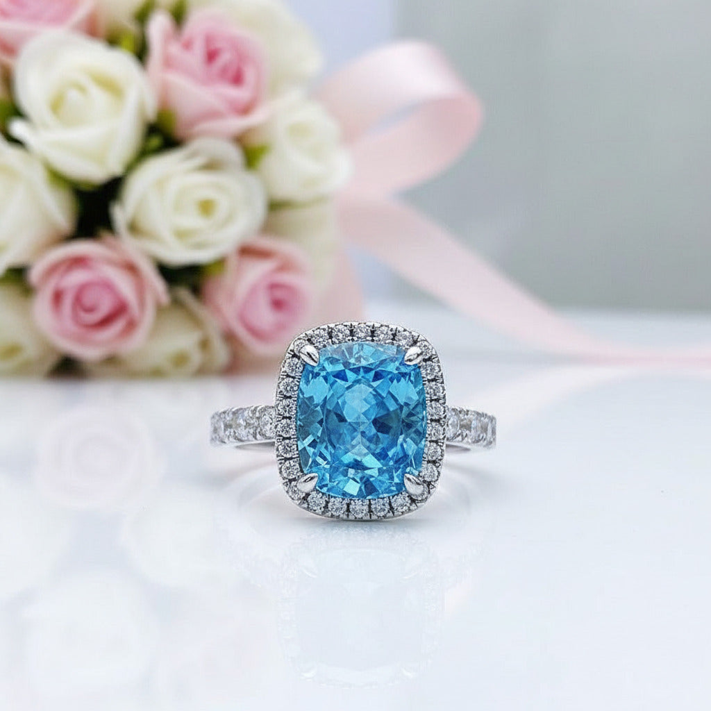 Gorgeous Halo Cushion Cut Aquamarine Blue Engagement Ring-Black Diamonds New York