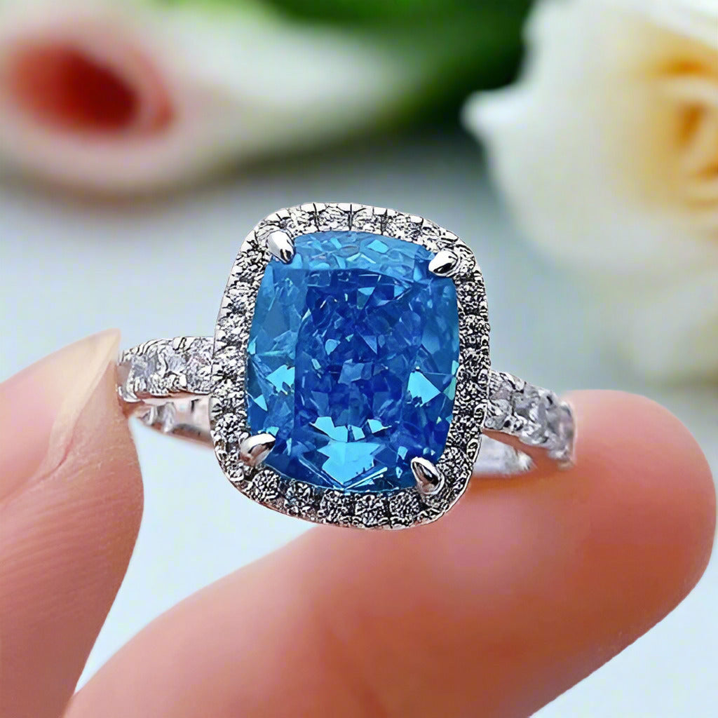 Gorgeous Halo Cushion Cut Aquamarine Blue Engagement Ring-Black Diamonds New York