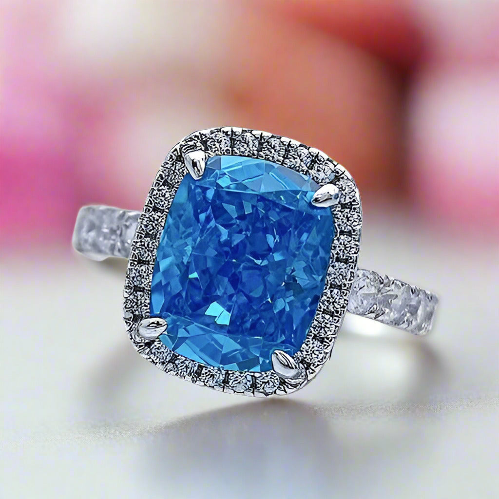 Gorgeous Halo Cushion Cut Aquamarine Blue Engagement Ring-Black Diamonds New York
