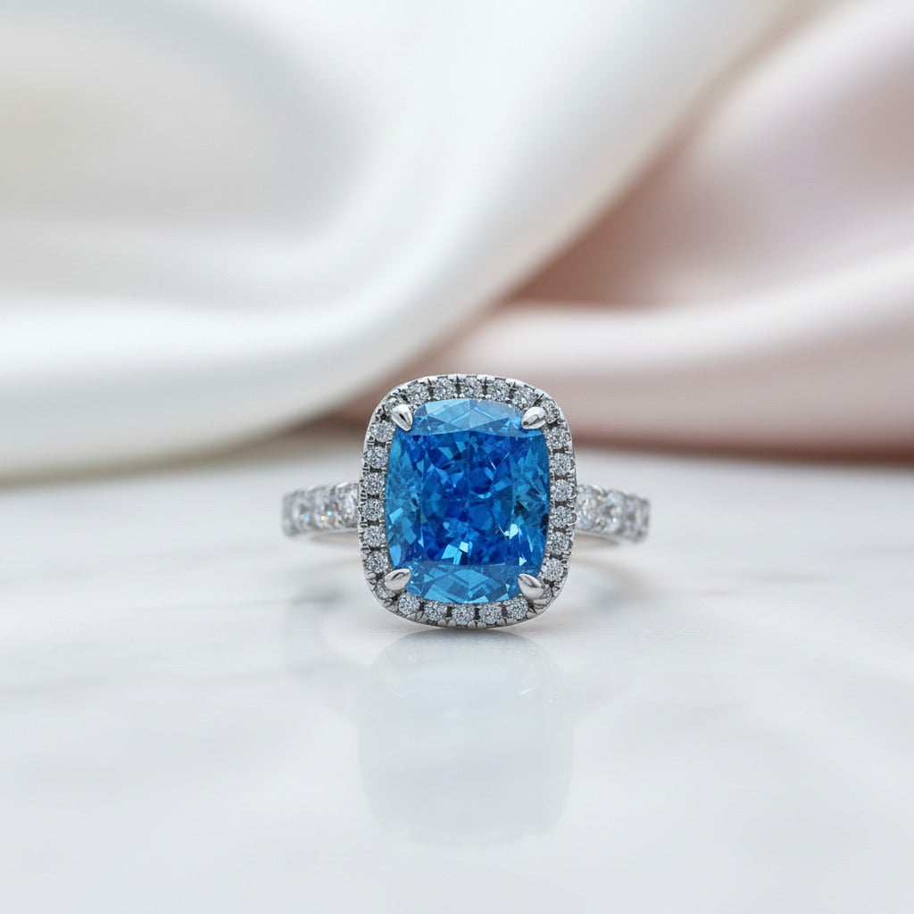 Gorgeous Halo Cushion Cut Aquamarine Blue Engagement Ring-Black Diamonds New York