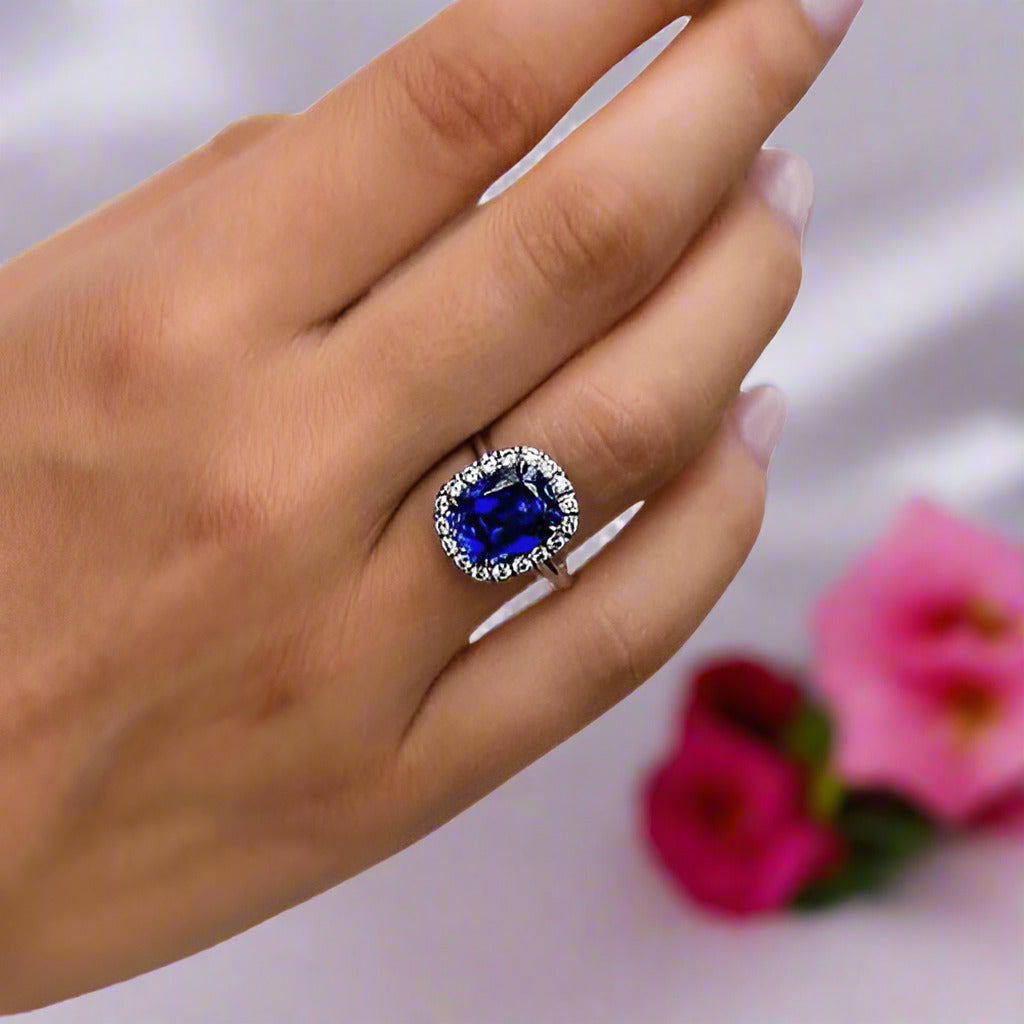 Gorgeous Halo Cushion Cut Blue Sapphire Engagement-Black Diamonds New York