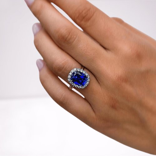 Gorgeous Halo Cushion Cut Blue Sapphire Engagement - Black Diamonds New York