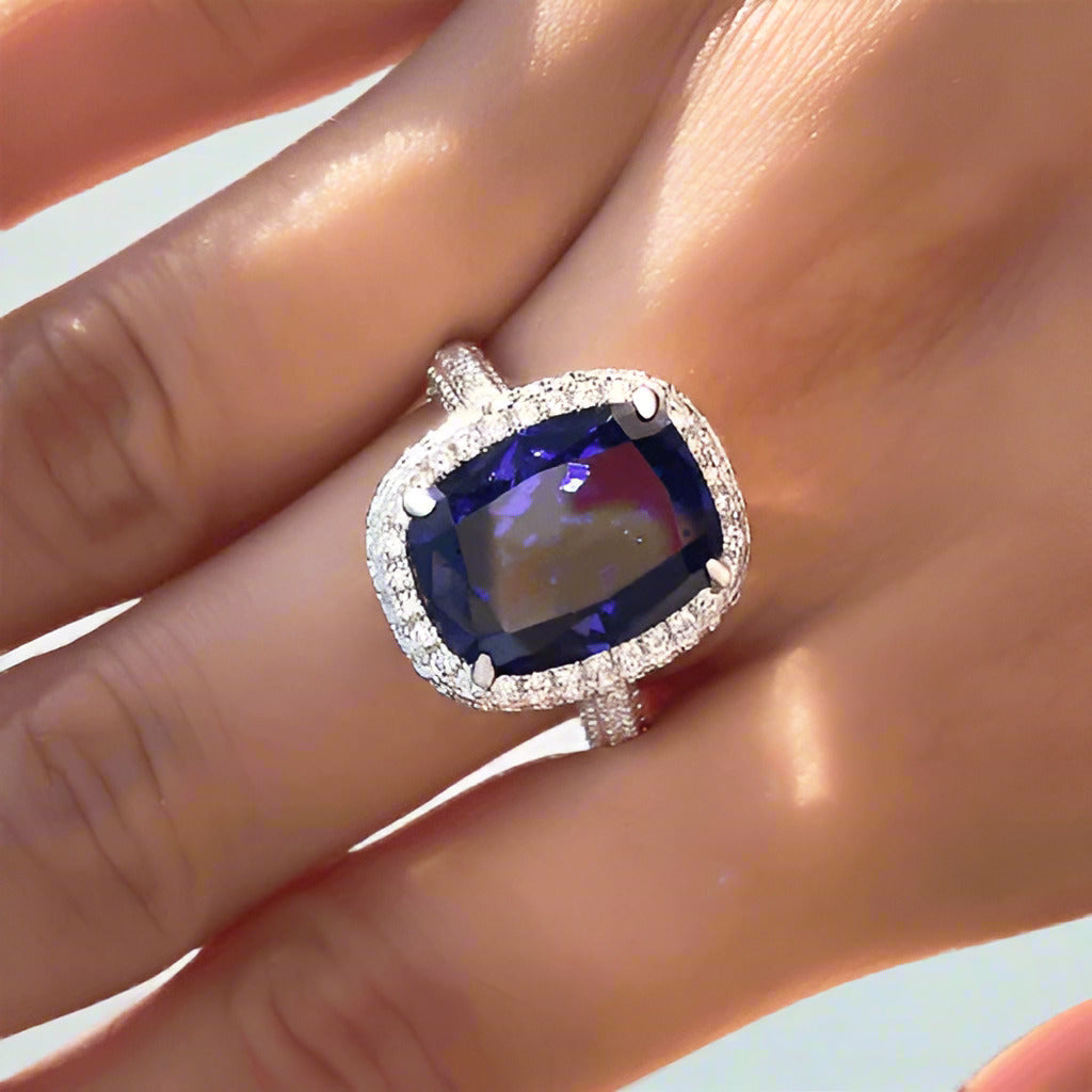 Gorgeous Halo Cushion Cut Blue Sapphire Engagement-Black Diamonds New York