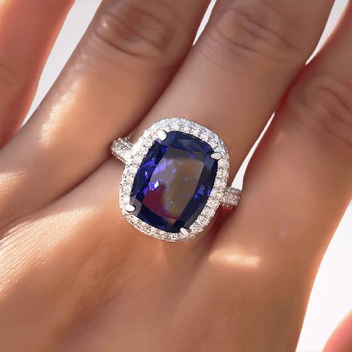 Gorgeous Halo Cushion Cut Blue Sapphire Engagement-Black Diamonds New York