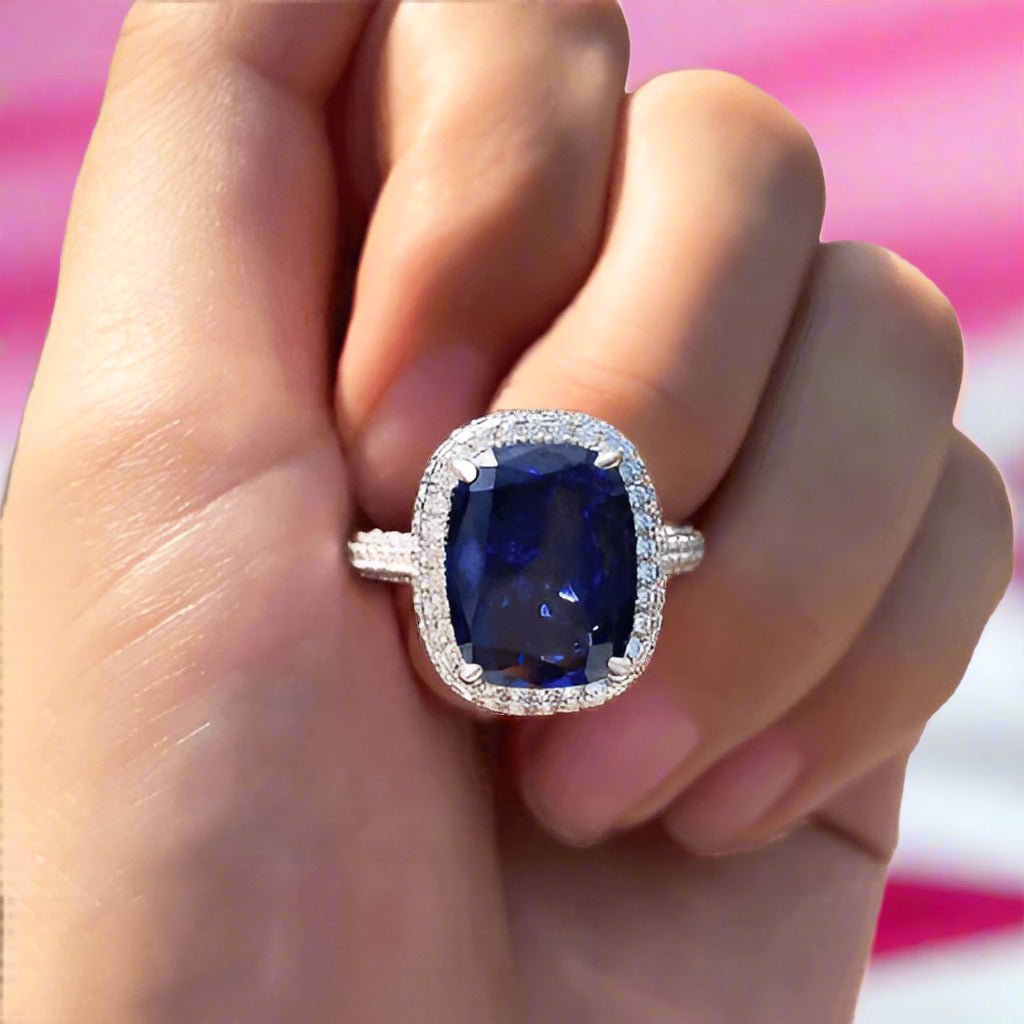 Gorgeous Halo Cushion Cut Blue Sapphire Engagement-Black Diamonds New York