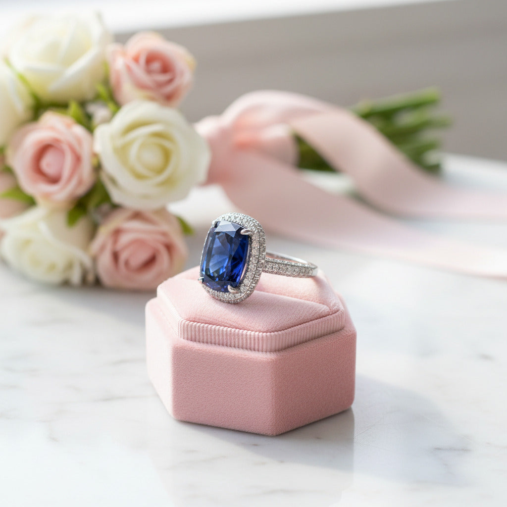 Gorgeous Halo Cushion Cut Blue Sapphire Engagement-Black Diamonds New York