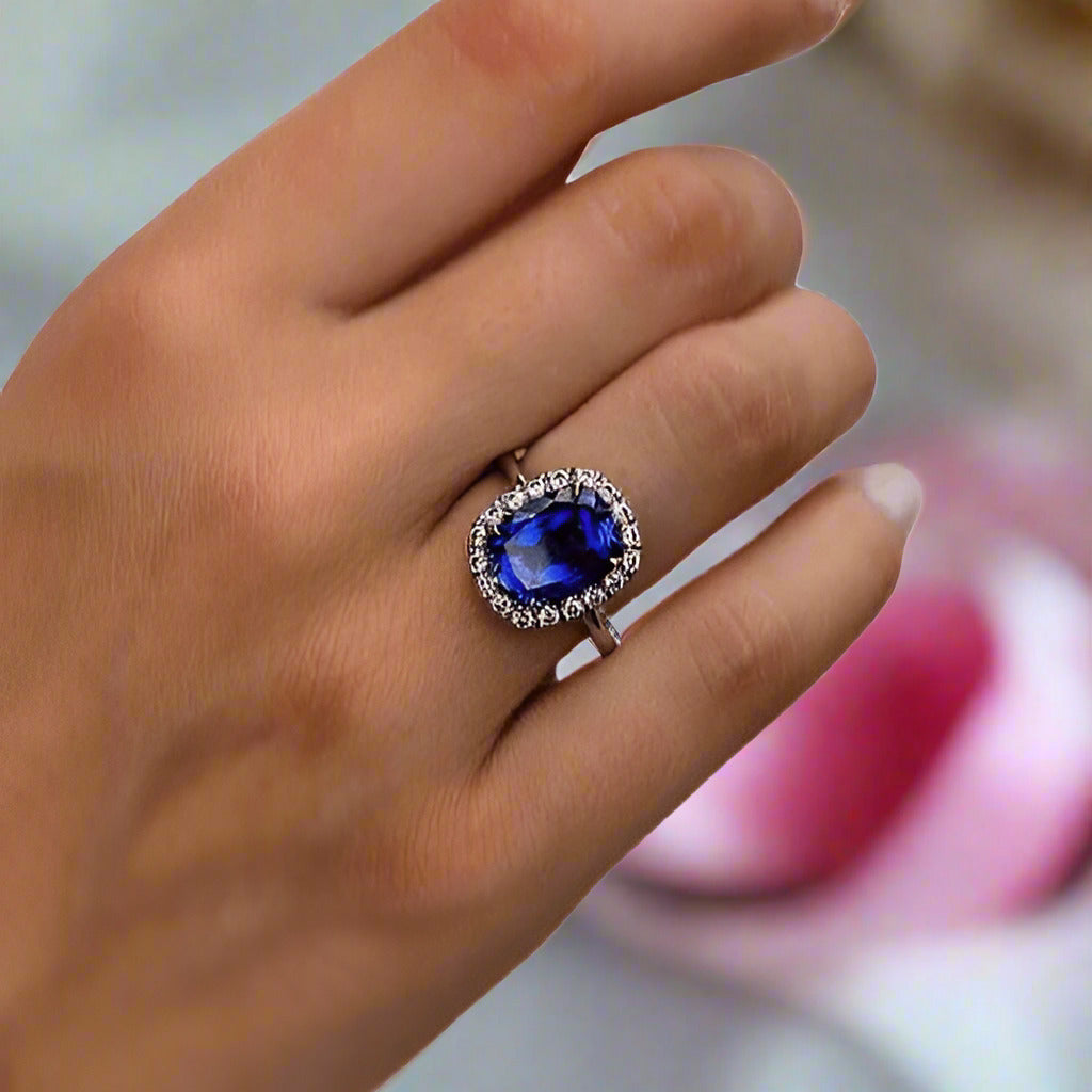 Gorgeous Halo Cushion Cut Blue Sapphire Engagement-Black Diamonds New York