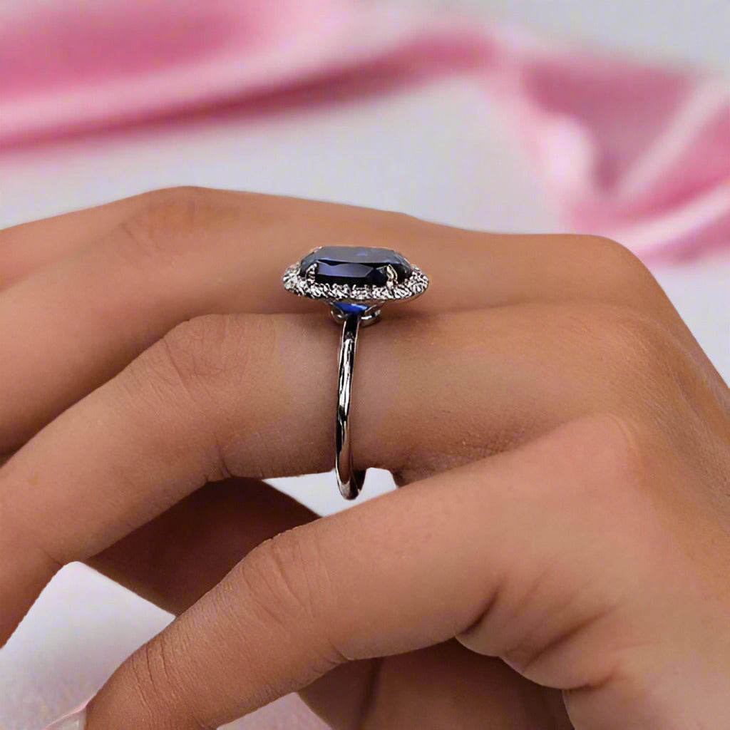 Gorgeous Halo Cushion Cut Blue Sapphire Engagement-Black Diamonds New York