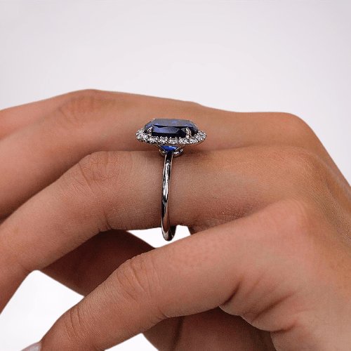 Gorgeous Halo Cushion Cut Blue Sapphire Engagement-Black Diamonds New York