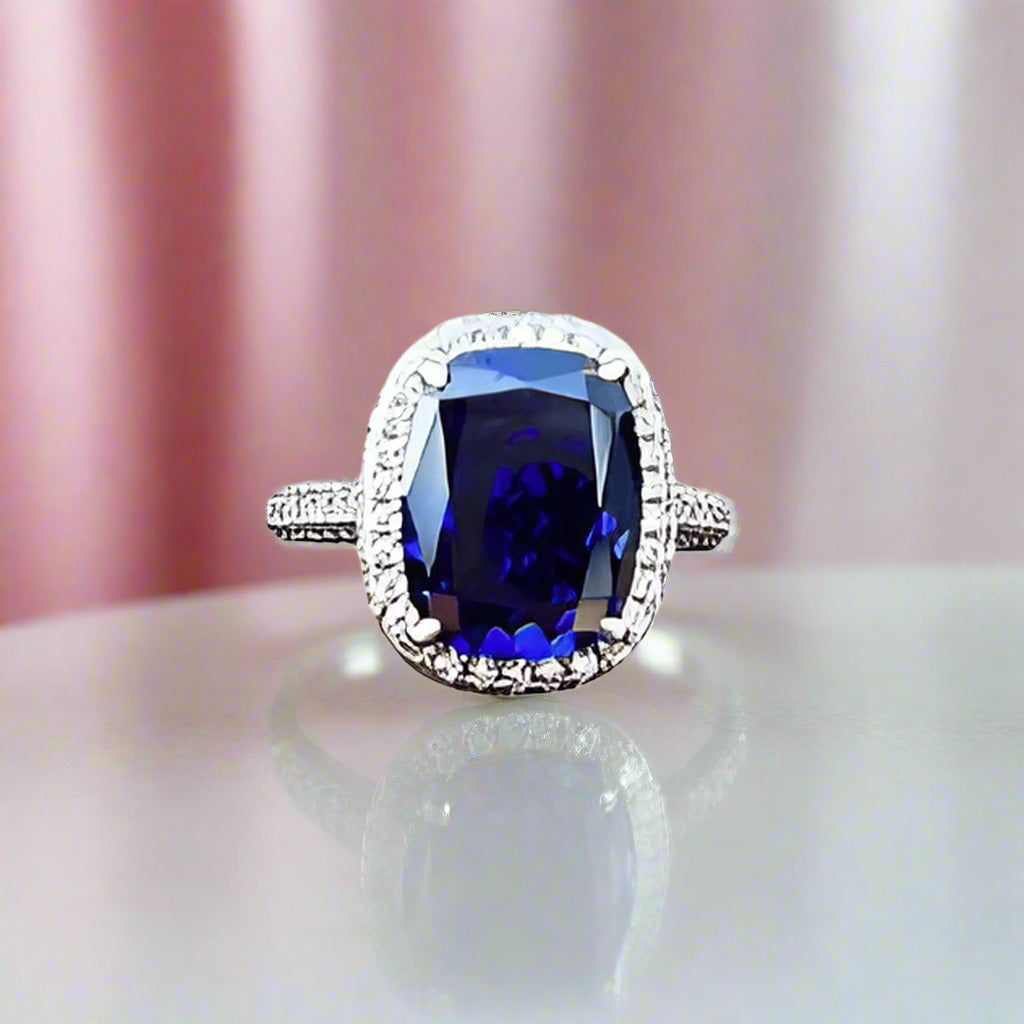 Gorgeous Halo Cushion Cut Blue Sapphire Engagement-Black Diamonds New York