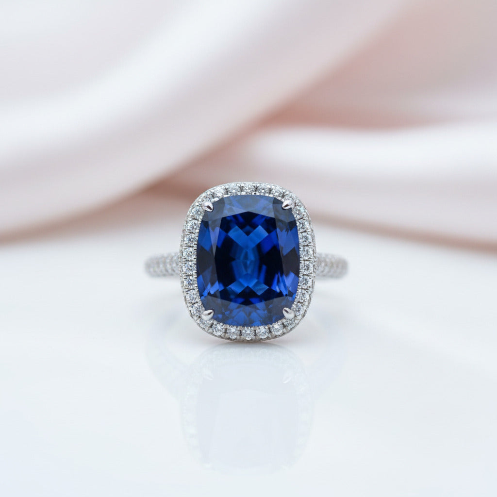 Gorgeous Halo Cushion Cut Blue Sapphire Engagement-Black Diamonds New York