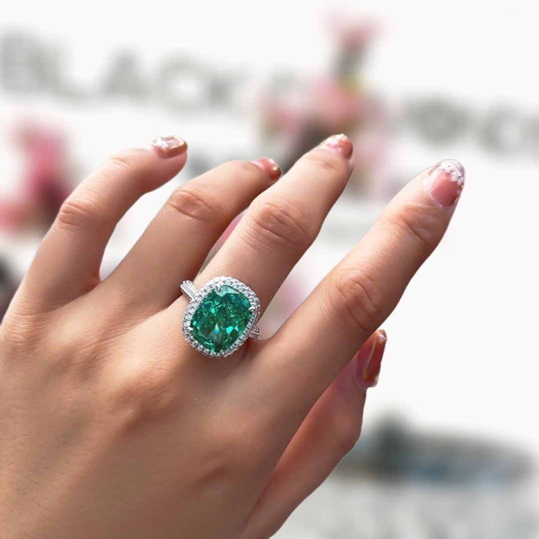 Gorgeous Halo Cushion Cut Paraiba Green Tourmaline Engagement Ring-Black Diamonds New York