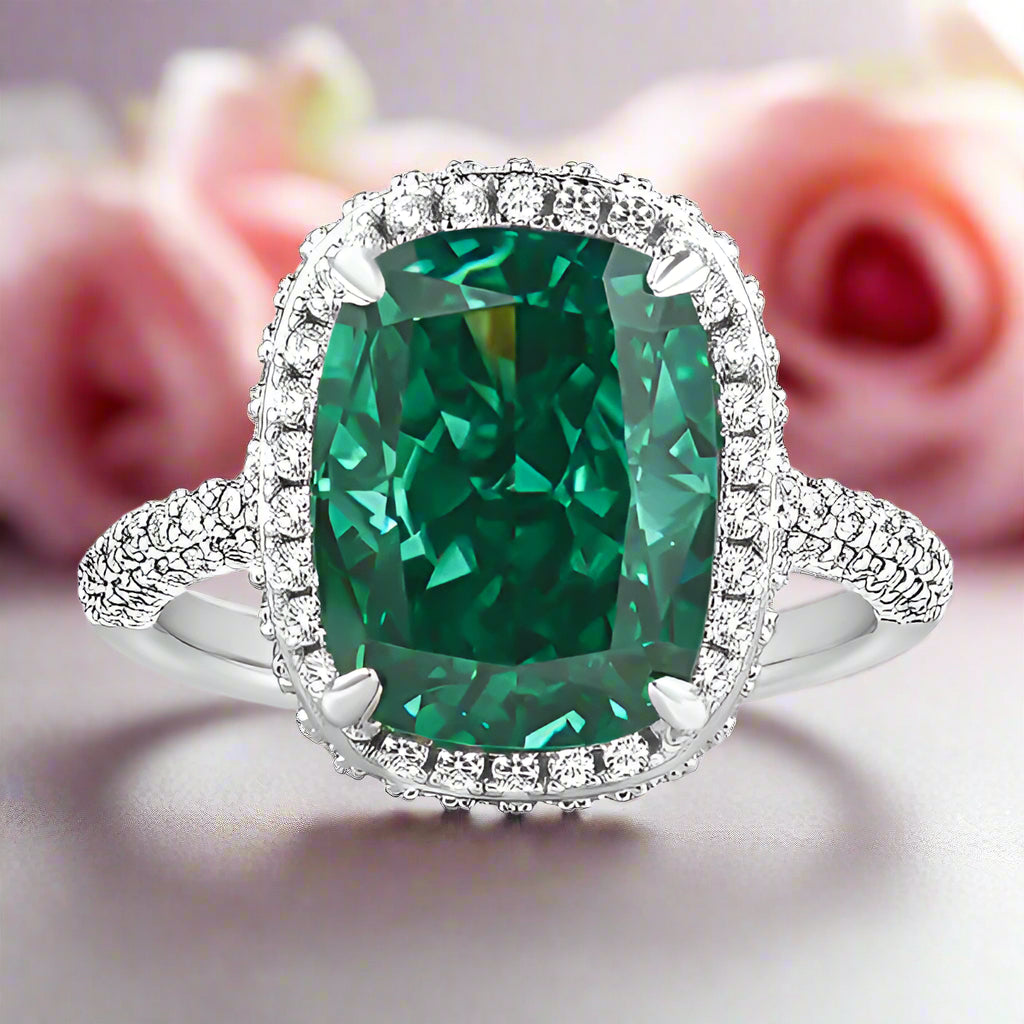 Gorgeous Halo Cushion Cut Paraiba Green Tourmaline Engagement Ring-Black Diamonds New York