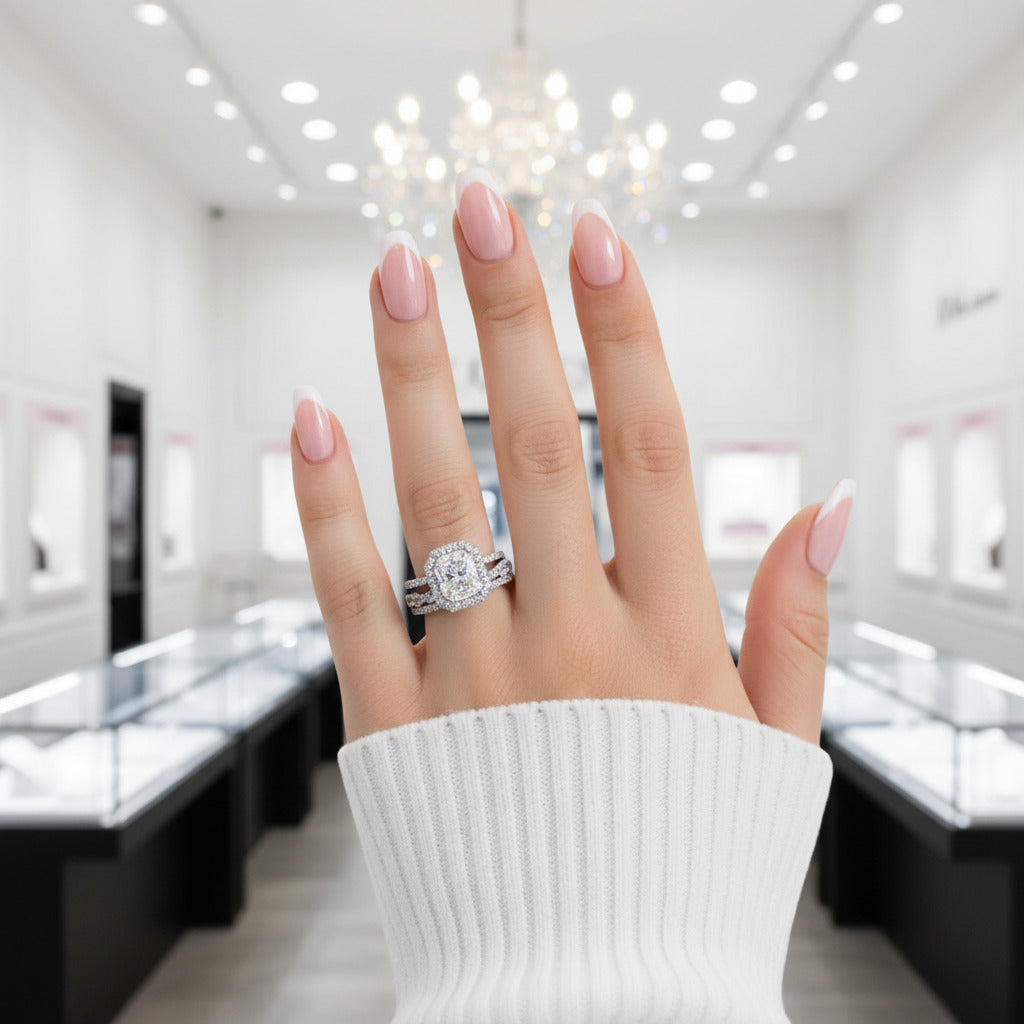 Gorgeous Halo Radiant Cut 3PC Wedding Ring Set-Black Diamonds New York