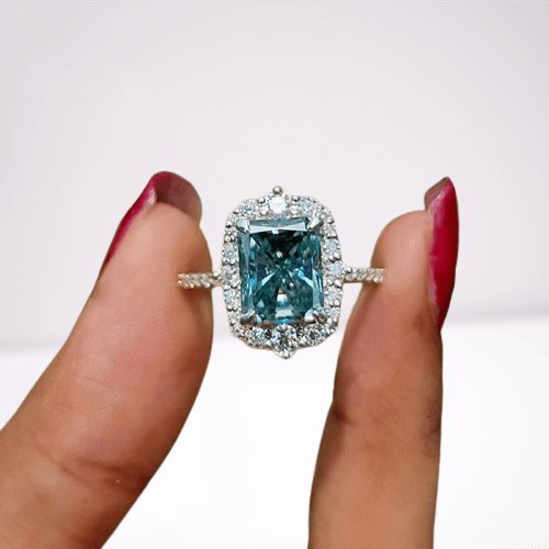 Gorgeous Halo Radiant Cut Cyan Blue Engagement Ring - Black Diamonds New York