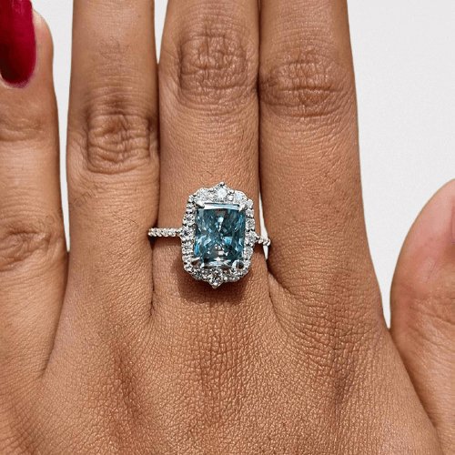 Gorgeous Halo Radiant Cut Cyan Blue Engagement Ring-Black Diamonds New York
