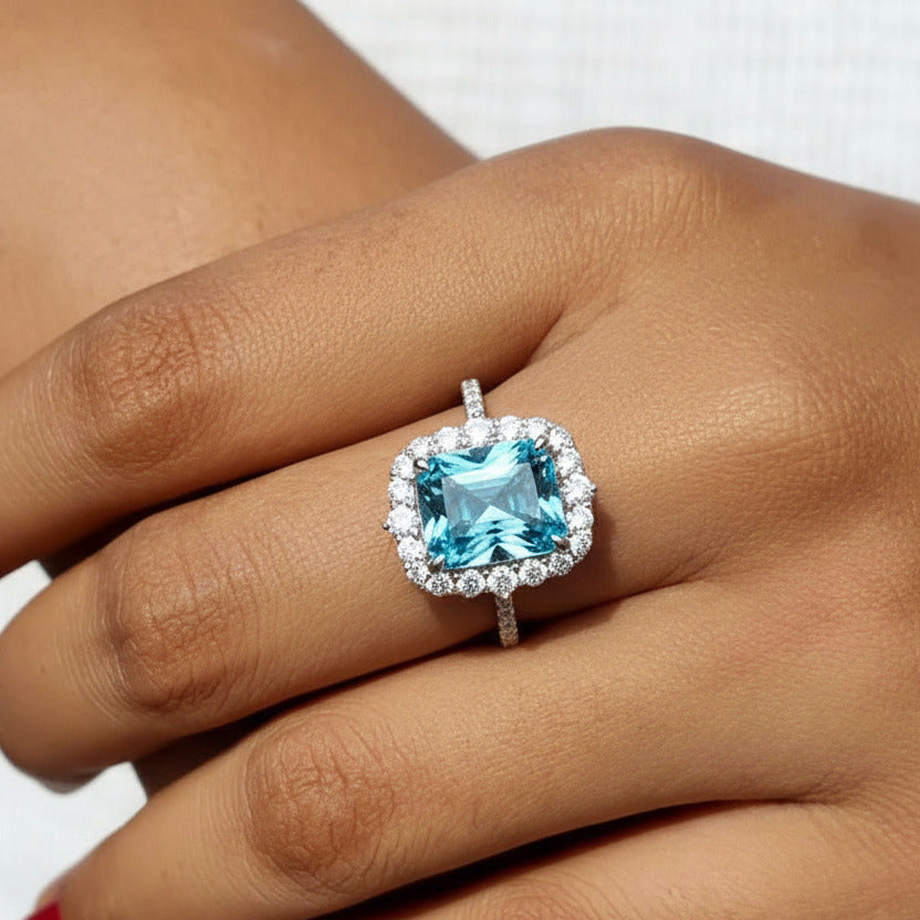 Gorgeous Halo Radiant Cut Cyan Blue Engagement Ring-Black Diamonds New York