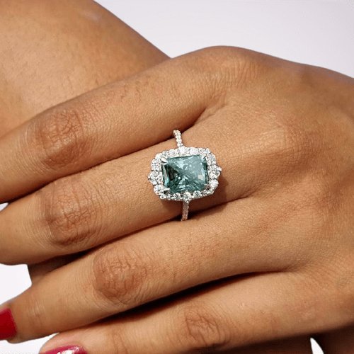 Gorgeous Halo Radiant Cut Cyan Blue Engagement Ring-Black Diamonds New York