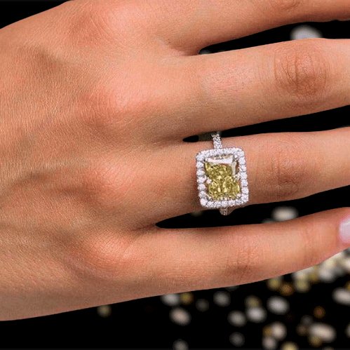 Gorgeous Halo Radiant Cut Yellow Simulated Sapphire Engagement Ring-Black Diamonds New York