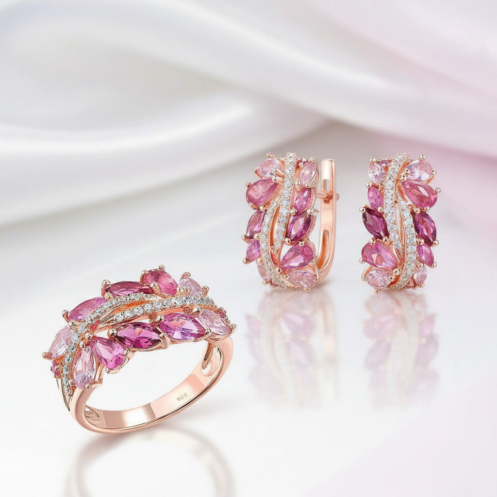 Gorgeous Pink Sapphire & Clear Diamond Option Jewelry Set-Black Diamonds New York