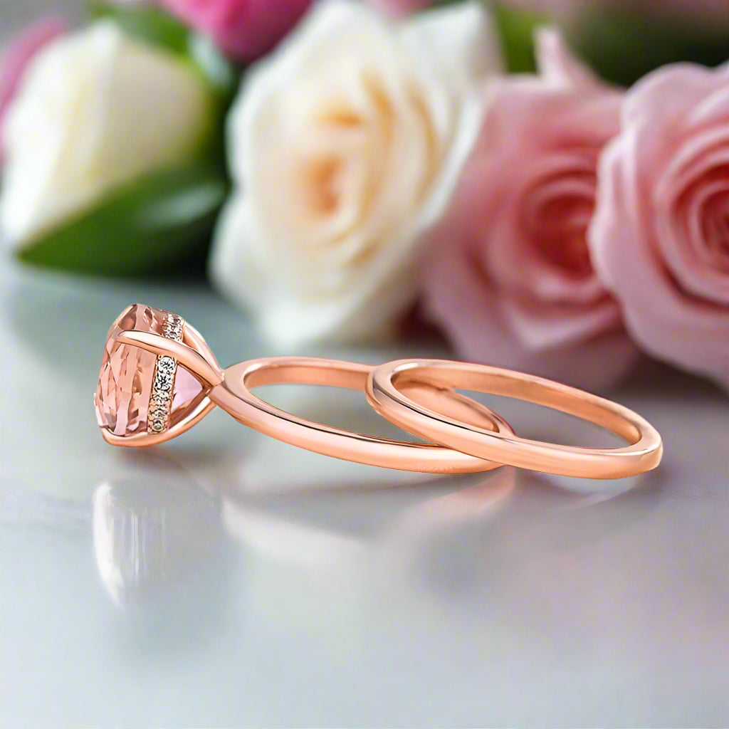 Gorgeous Round Cut Morganite Pink Wedding Set-Black Diamonds New York