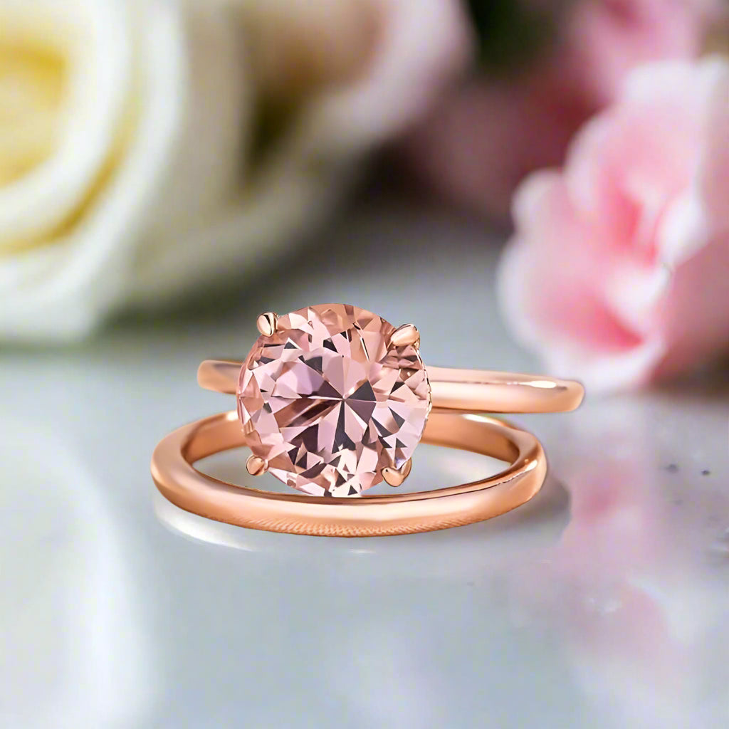 Gorgeous Round Cut Morganite Pink Wedding Set-Black Diamonds New York