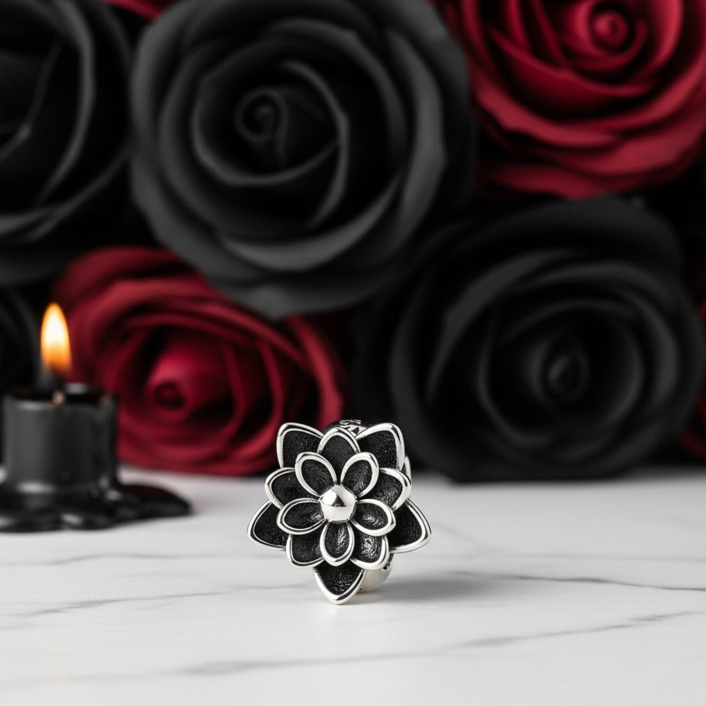 Gothic Black Flower Lotus Charm-Black Diamonds New York